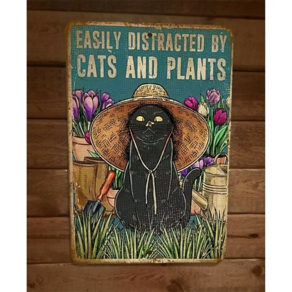 Easily Distracted by Cats and‎ Plants 8x12 Metal Wall Sign